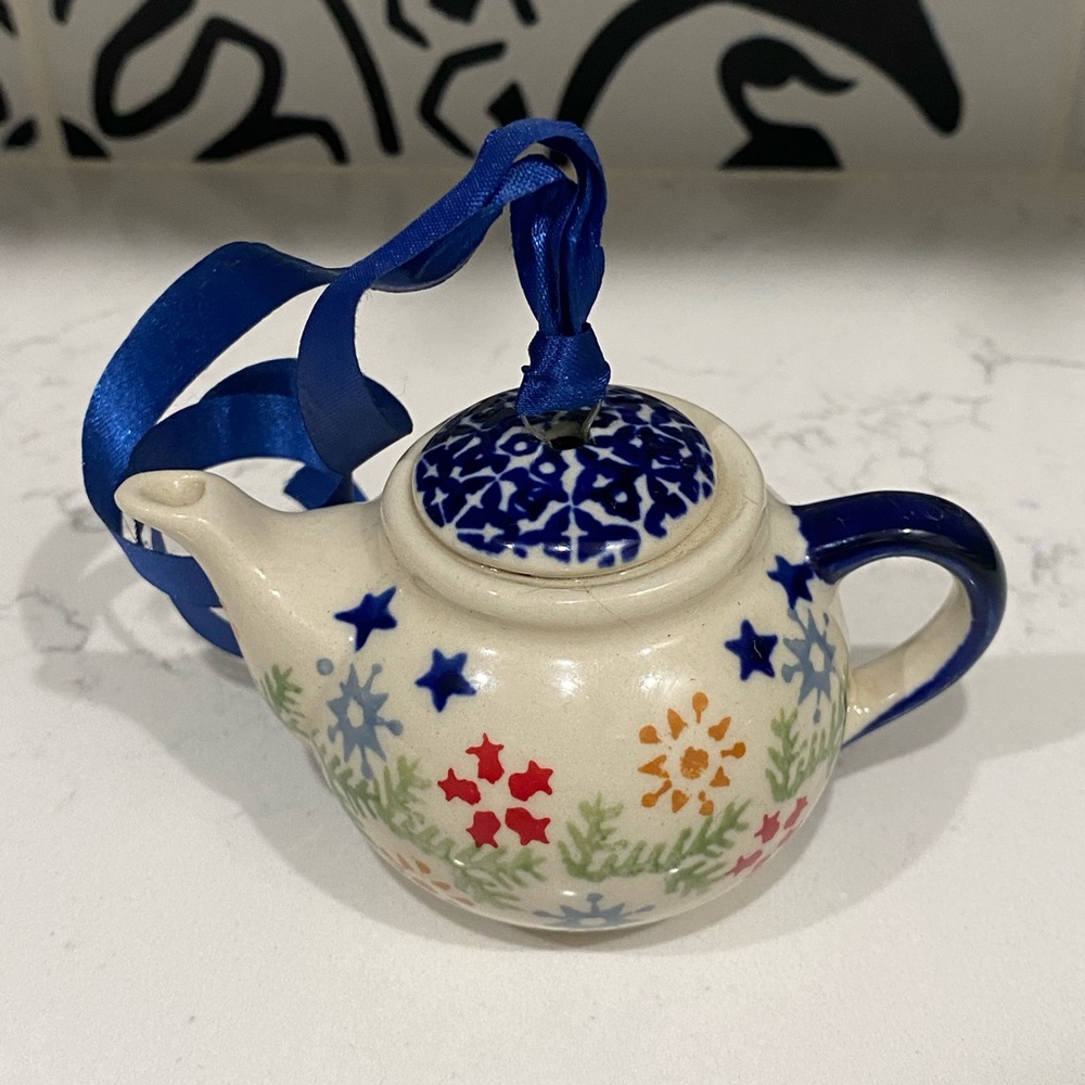 Beautiful Polish Pottery House Christmas Ornament Teapot Floral